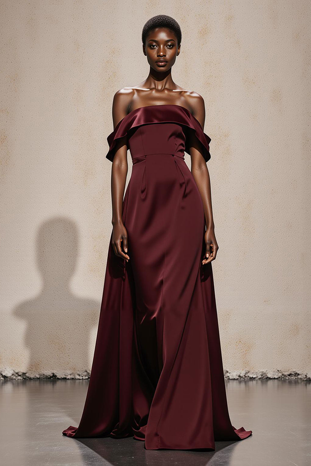 Burgundy Off the Shoulder Satin A Line Maxi Formal Dress
