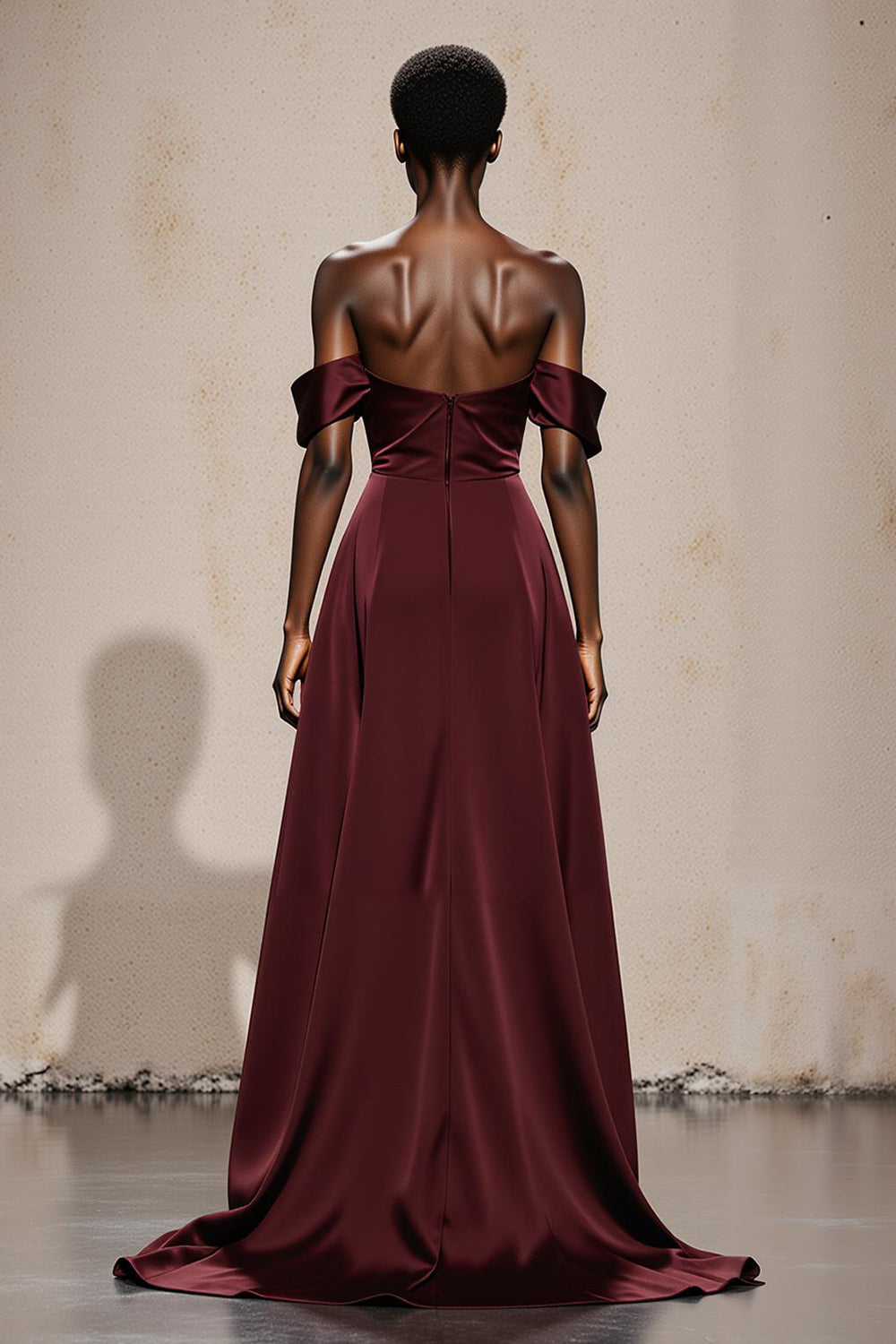 Burgundy Off the Shoulder Satin A Line Maxi Formal Dress