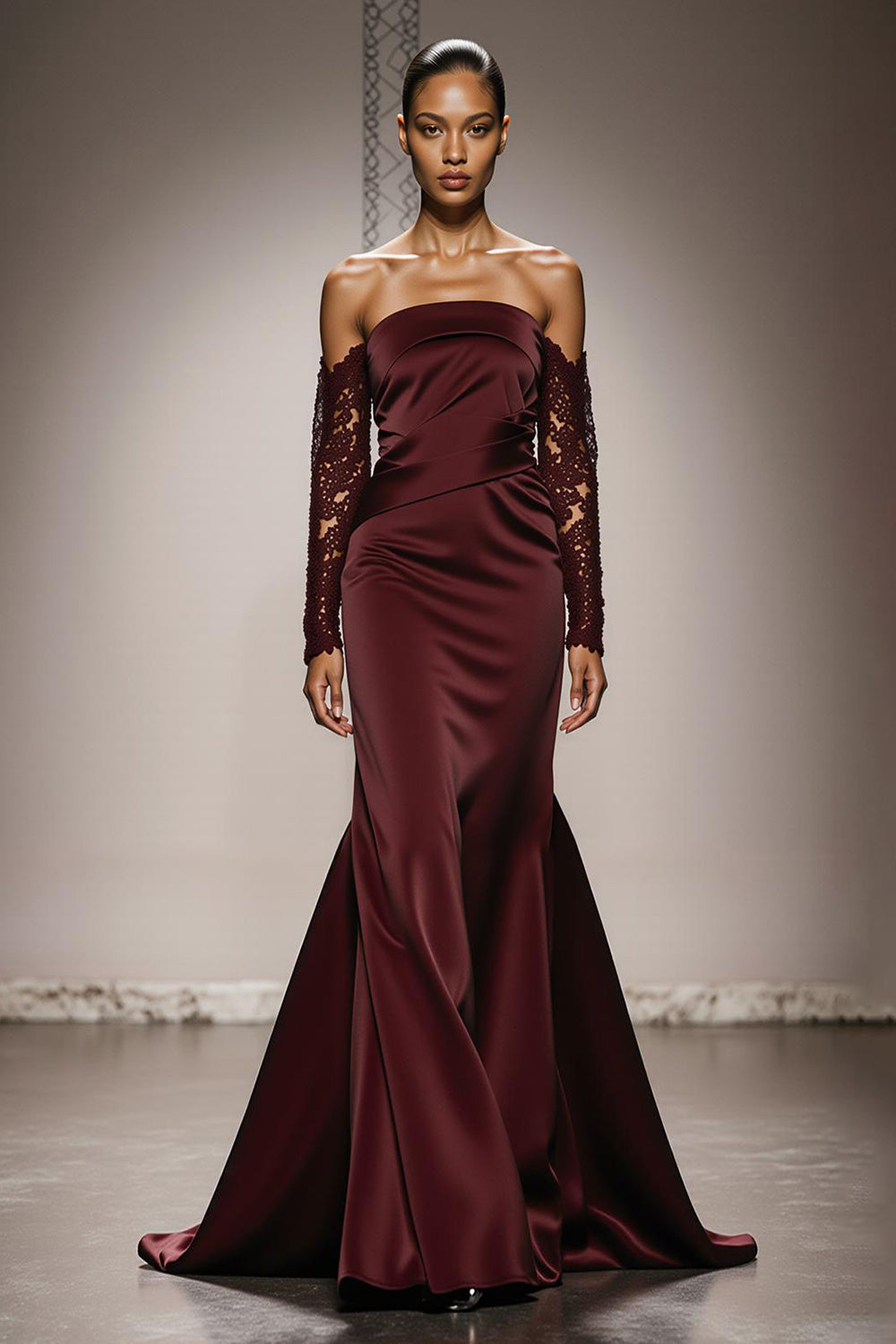 Burgundy Mermaid Satin Off the Shoulder Long Formal Dress with Lace