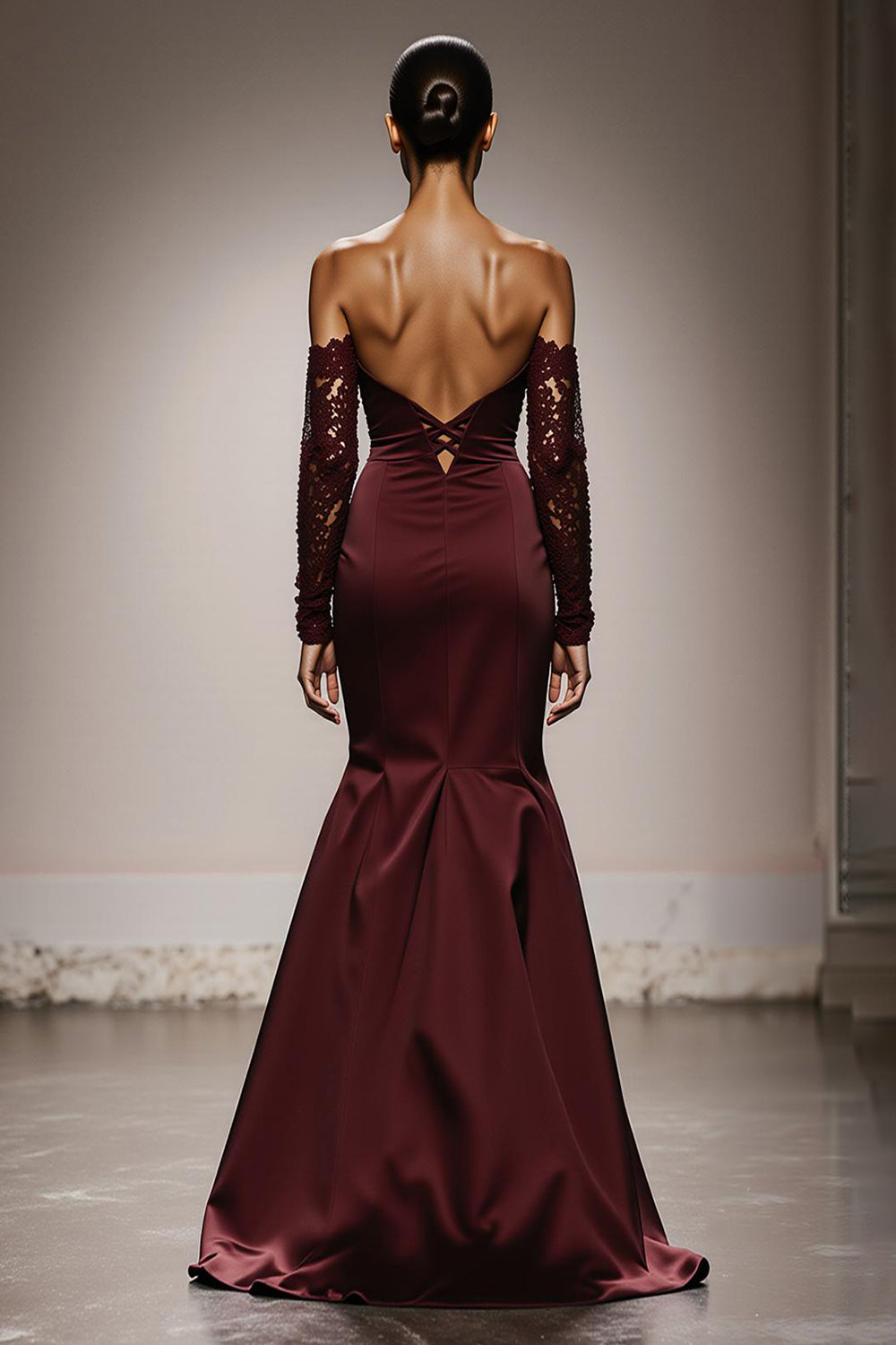 Burgundy Mermaid Satin Off the Shoulder Long Formal Dress with Lace