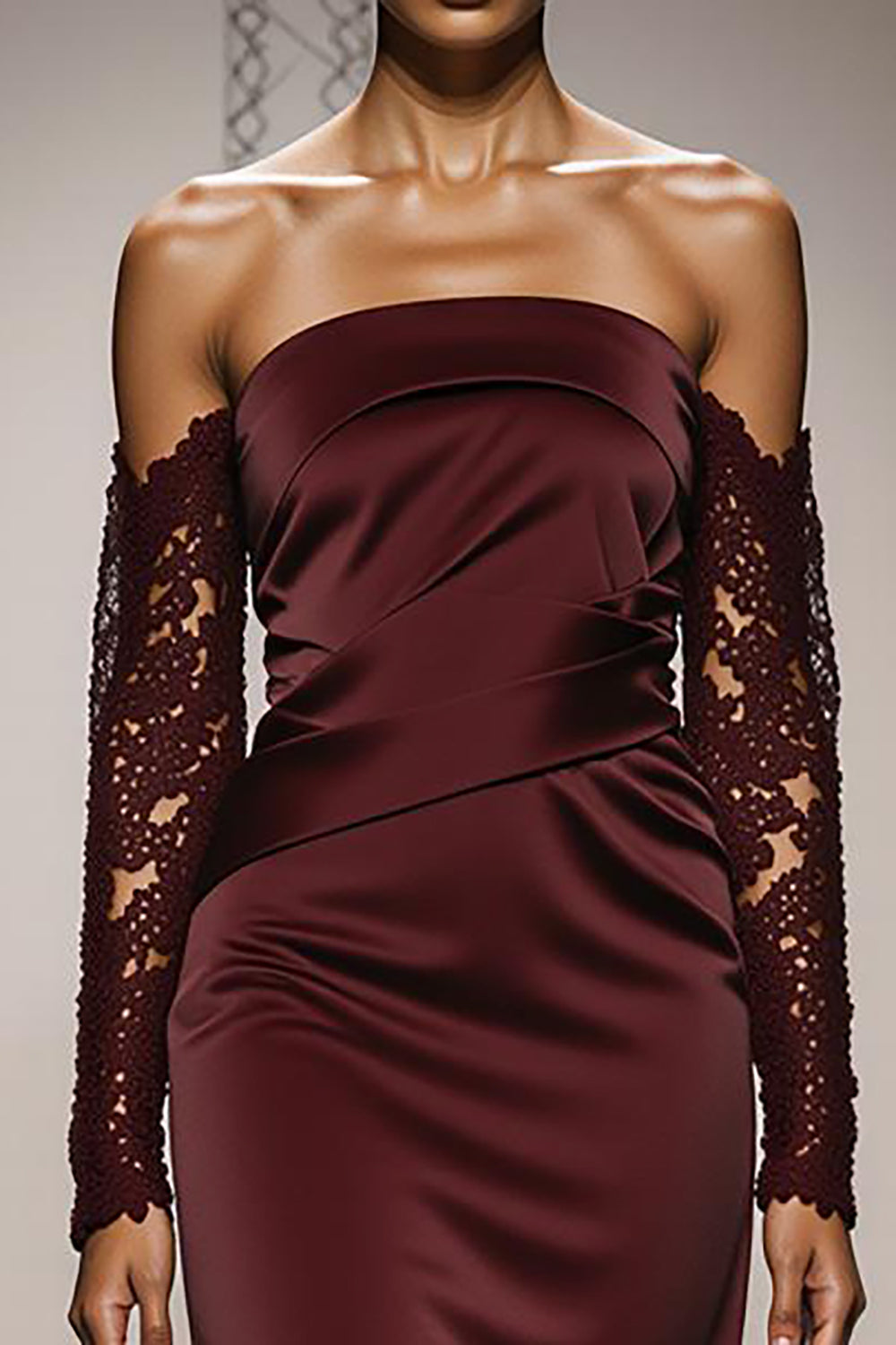 Burgundy Mermaid Satin Off the Shoulder Long Formal Dress with Lace