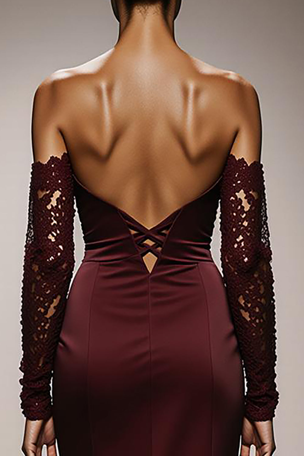Burgundy Mermaid Satin Off the Shoulder Long Formal Dress with Lace