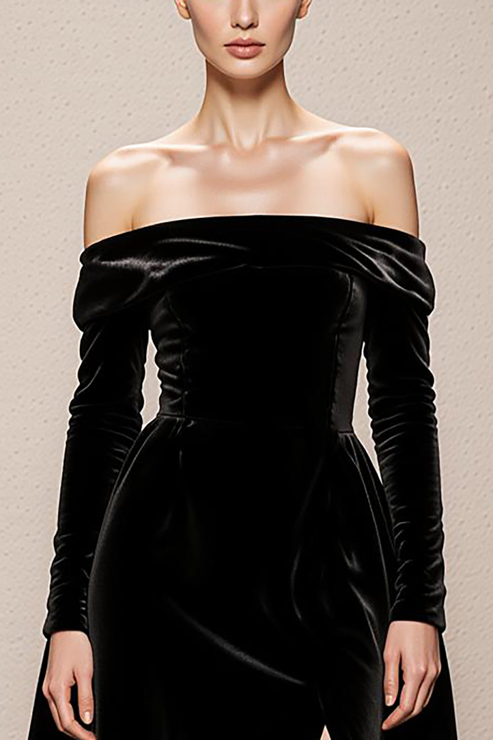 Black A Line Velvet Off the Shoulder Maxi Holiday Party Dress with Slit