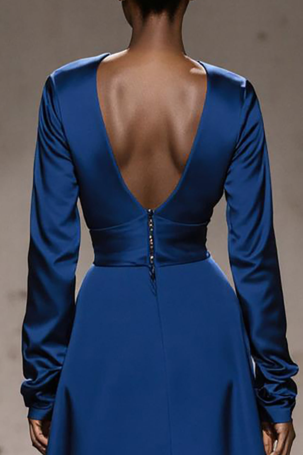 Royal Blue Square Neck Satin Long Sleeves Formal Dress with Sash