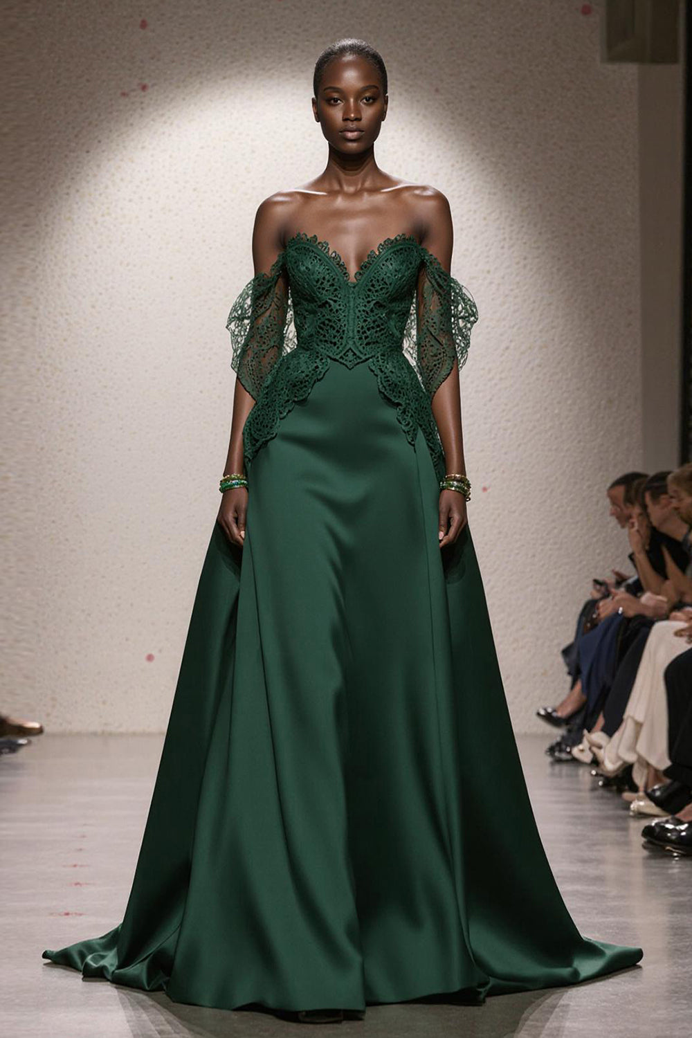 Dark Green A Line Off the Shoulder Satin Long Formal Dress with Lace