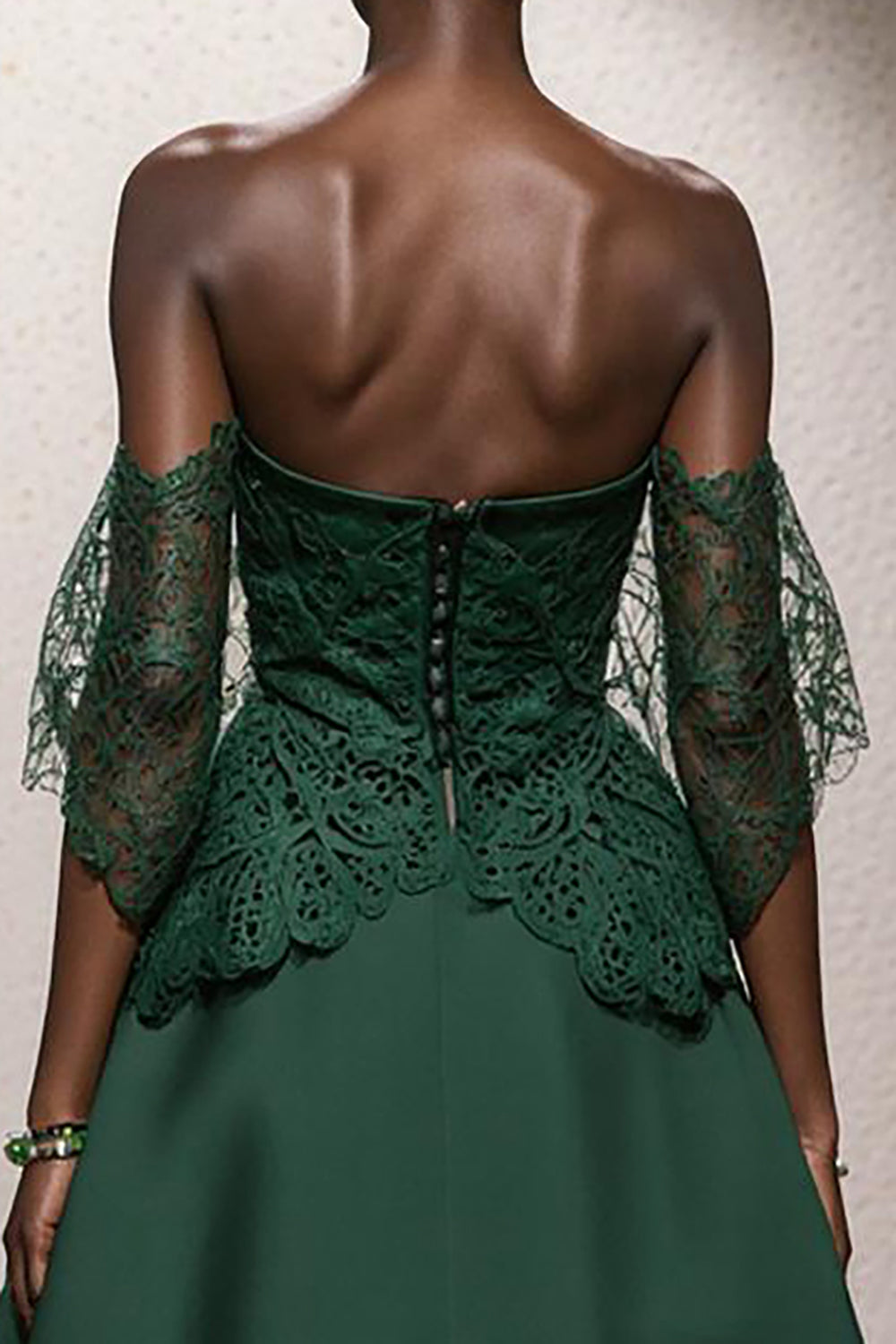 Dark Green A Line Off the Shoulder Satin Long Formal Dress with Lace