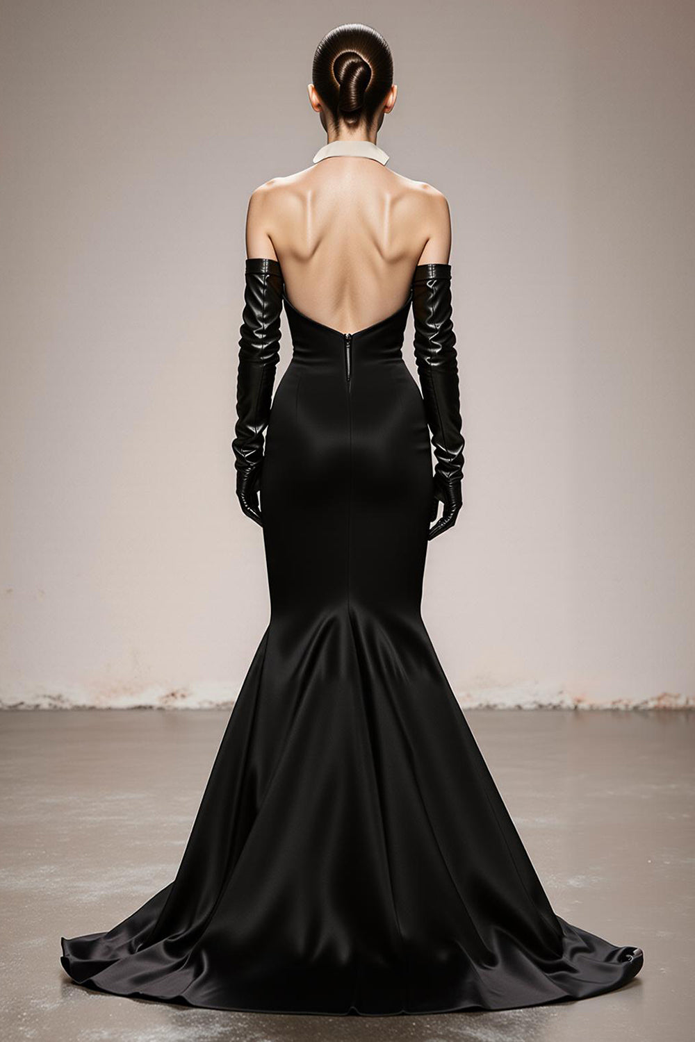 Black and White Satin Patchwork Halter Mermaid Long Formal Dress