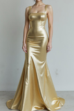 Golden Metallic Thick Straps Mermaid Sweep Train Formal Dress