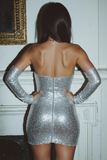 Sparkly Silver Sweetheart Bodycon Sequins Short Cocktail Dress with Sleeves