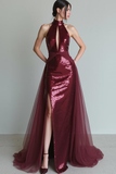 Sparkly Sequins Cabernet High Neck Sheath Keyhole Long Evening Dress with Slit