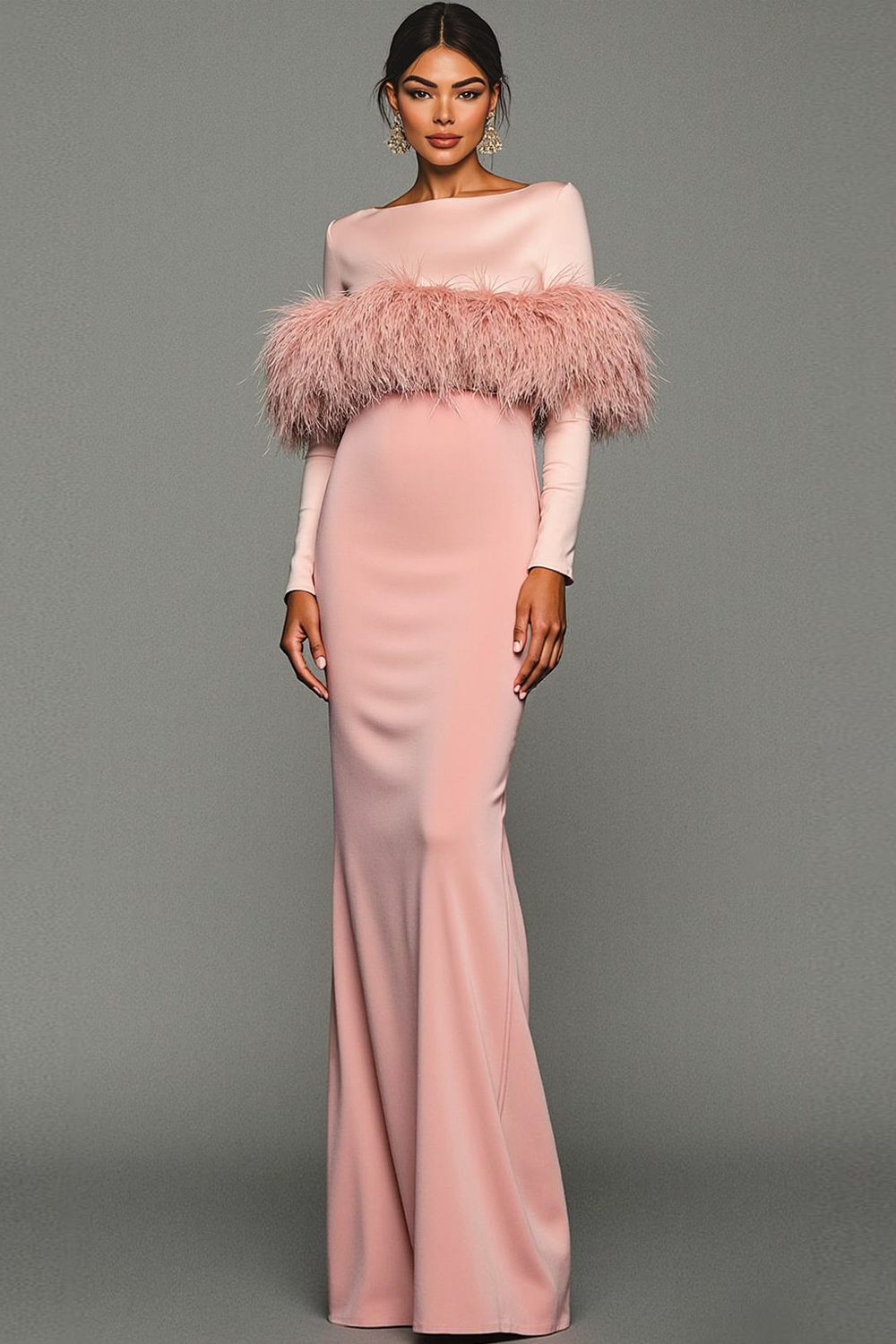 Pink Bateau Neck Mermaid Maxi Formal Dress with Feather