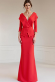Red Mermaid V-Neck 2 Piece Maxi Wedding Guest Dress with Sleeves