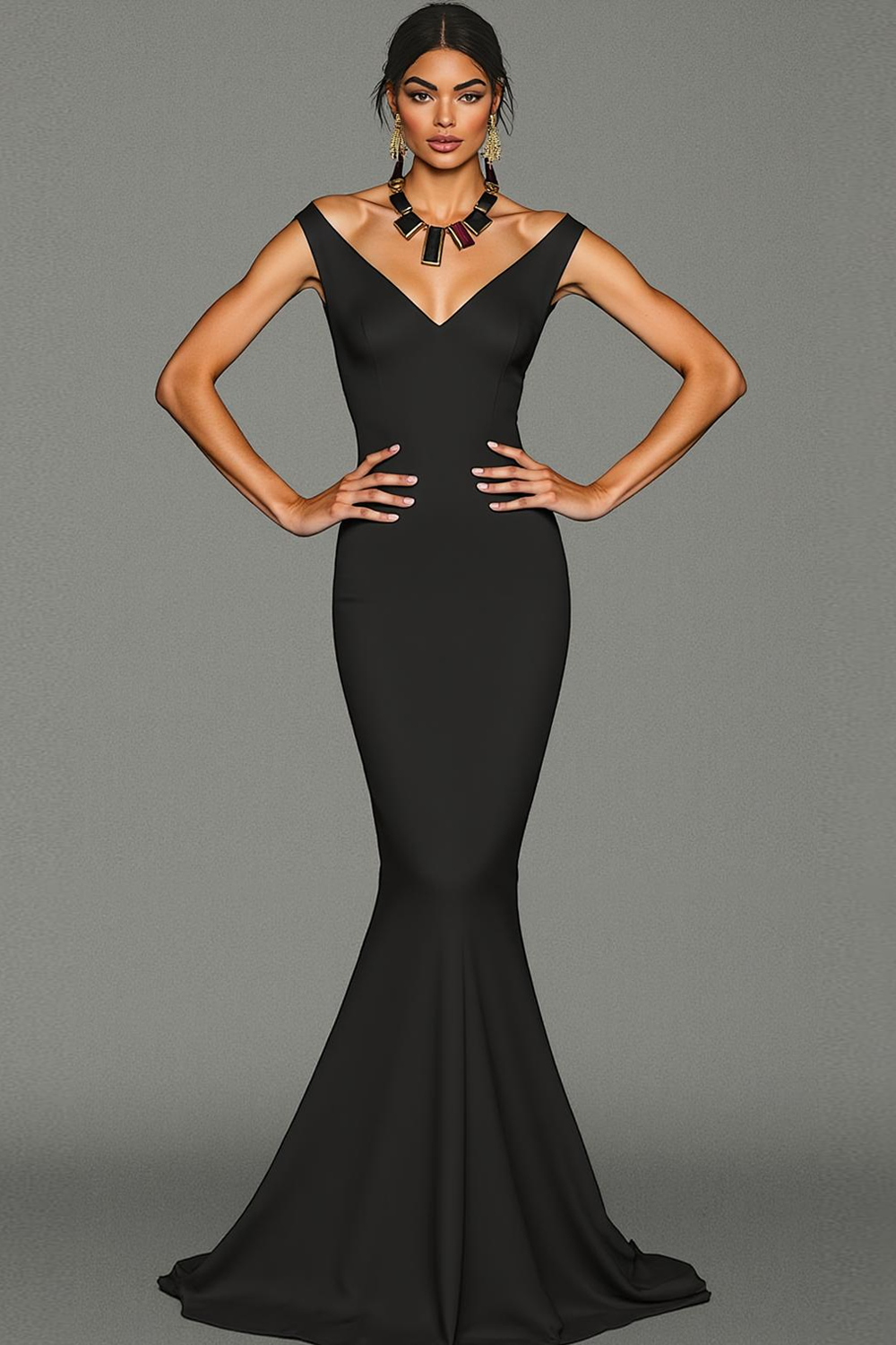 Black Sweep Train V-Neck Mermaid Formal Dress