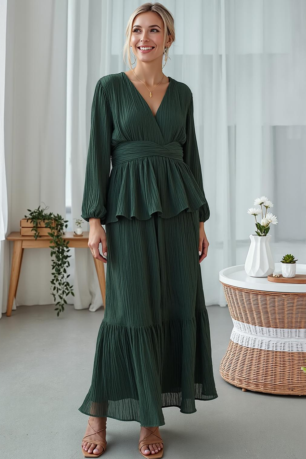 Dark Green V Neck Maxi A Line Work Dress with Ruffles