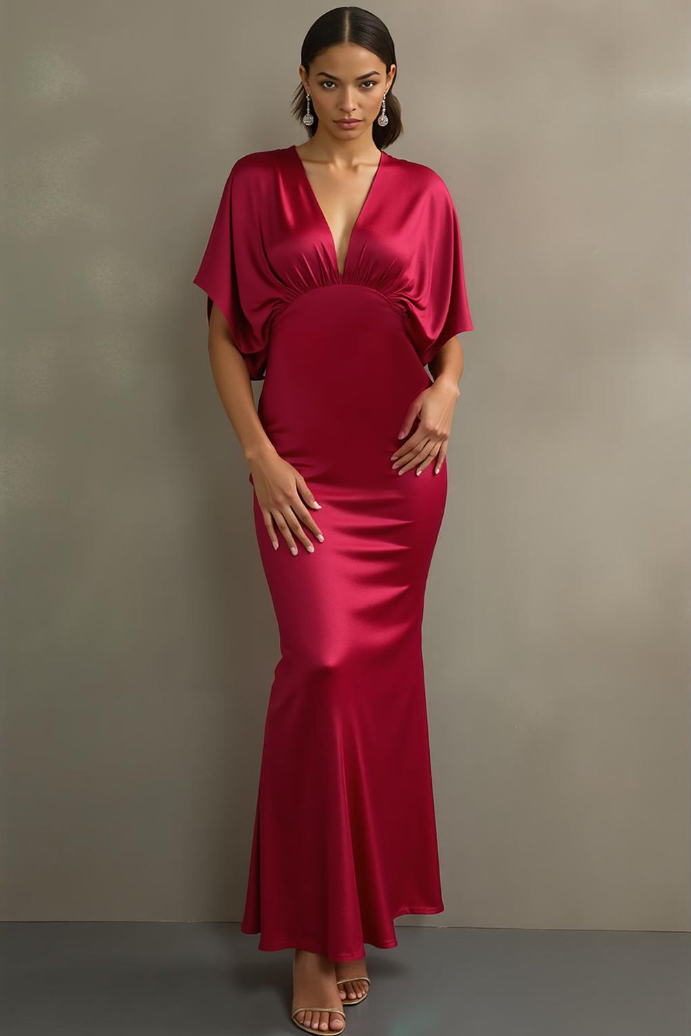 Fuchsia V Neck Mermaid Satin Maxi Formal Dress with Sleeves