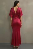 Fuchsia V Neck Mermaid Satin Maxi Formal Dress with Sleeves