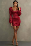 Red Square Neck Ruched Short Semi Formal Dress with Sleeves