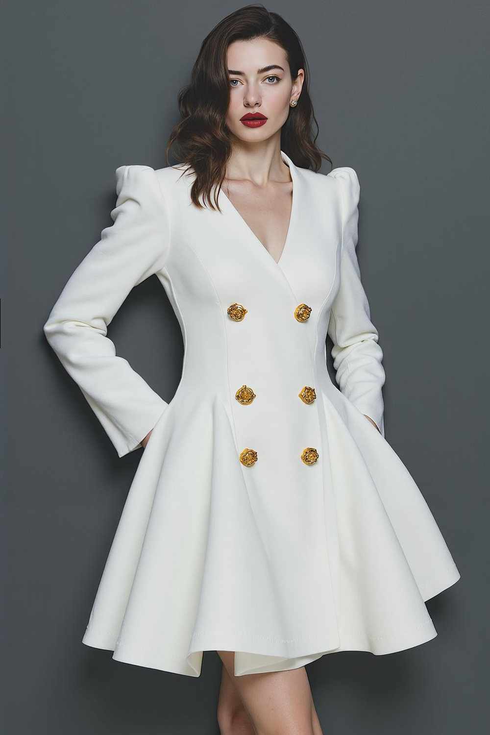 White V Neck A Line Short Work Dress with Buttons