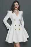 White V Neck A Line Short Work Dress with Buttons