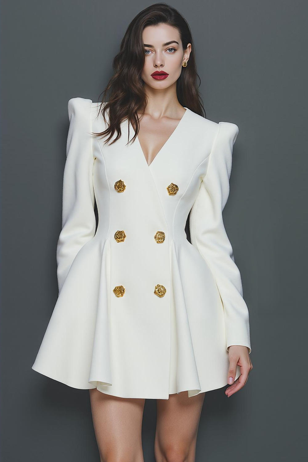 White V Neck A Line Short Work Dress with Buttons