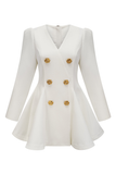 White V Neck A Line Short Work Dress with Buttons