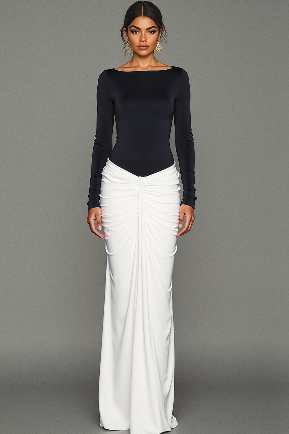 Navy and White Maxi Sheath Formal Dress with Sleeves