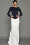 Navy and White Maxi Sheath Formal Dress with Sleeves