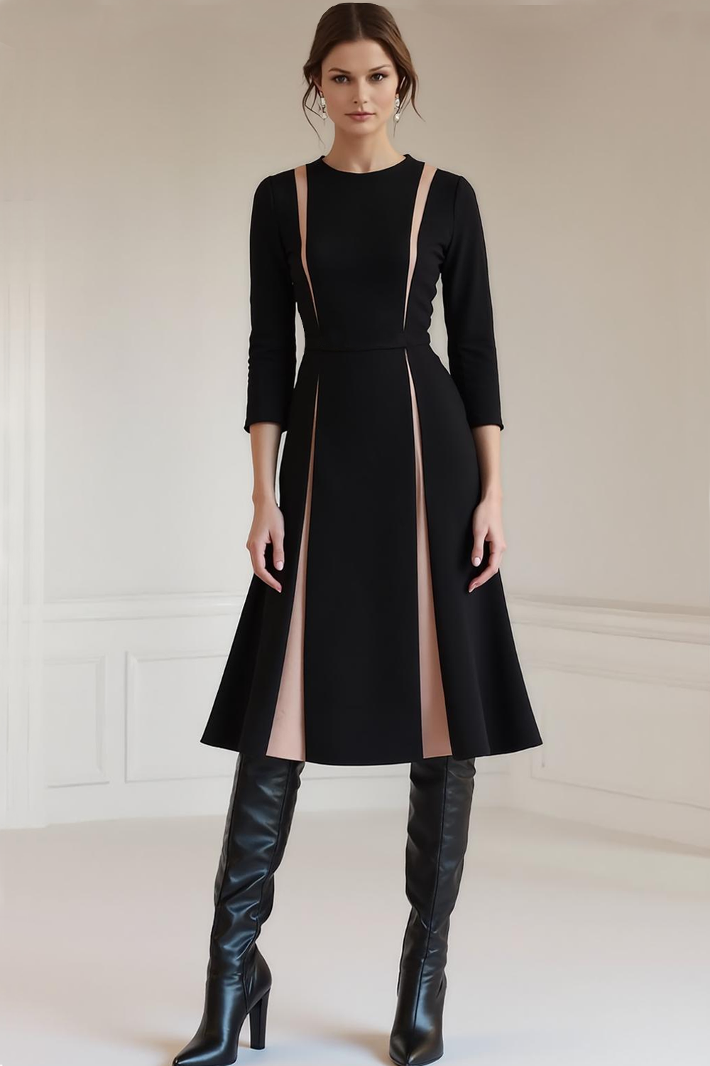 Black Midi Jewel Neck A Line Work Dress with Sleeves
