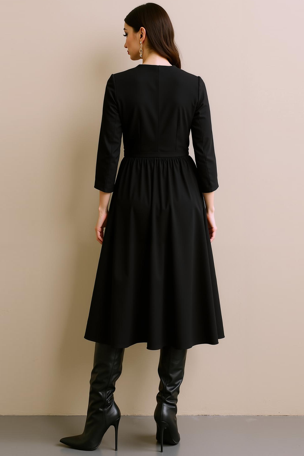 Black Midi Jewel Neck A Line Work Dress with Sleeves
