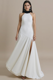 White A Line Halter Chiffon Maxi Formal Dress with Slit