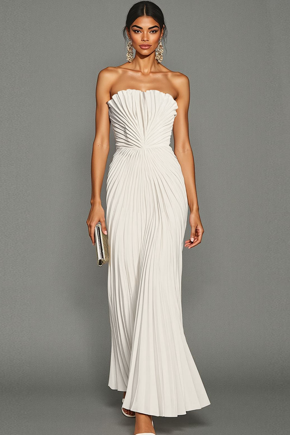 White Sheath Pleated Strapless Maxi Wedding Reception Dress