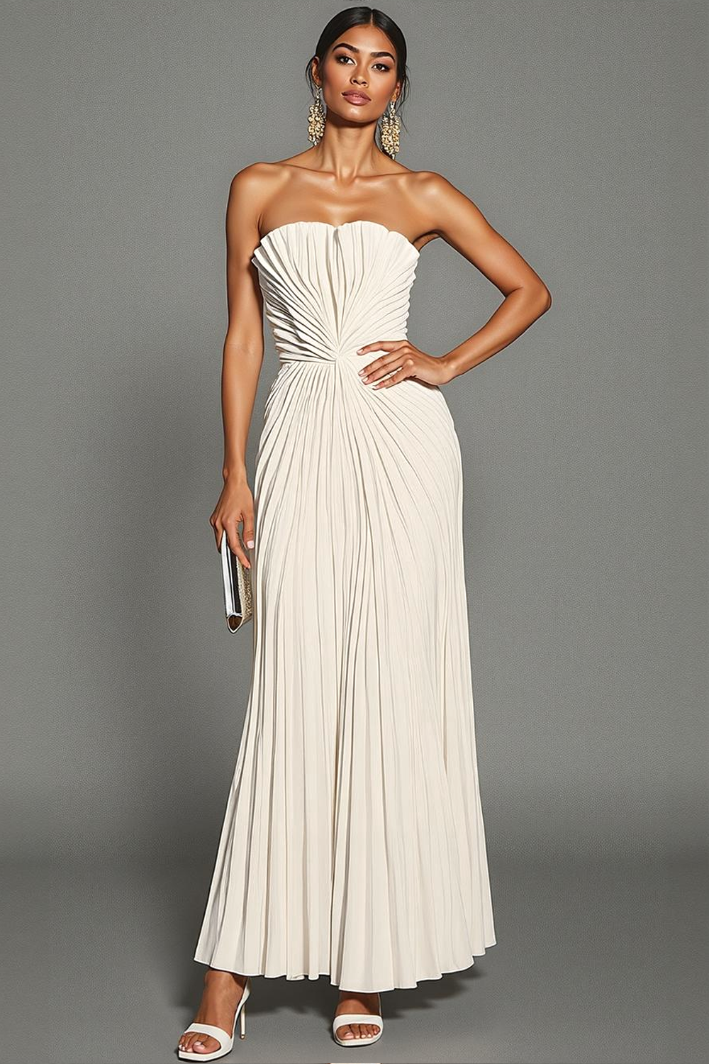 White Sheath Pleated Strapless Maxi Wedding Reception Dress