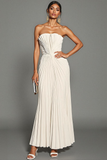 White Sheath Pleated Strapless Maxi Wedding Reception Dress