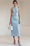 Light Blue 2 Piece Pencil Midi Work Dress with Buttons