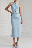 Light Blue 2 Piece Pencil Midi Work Dress with Buttons