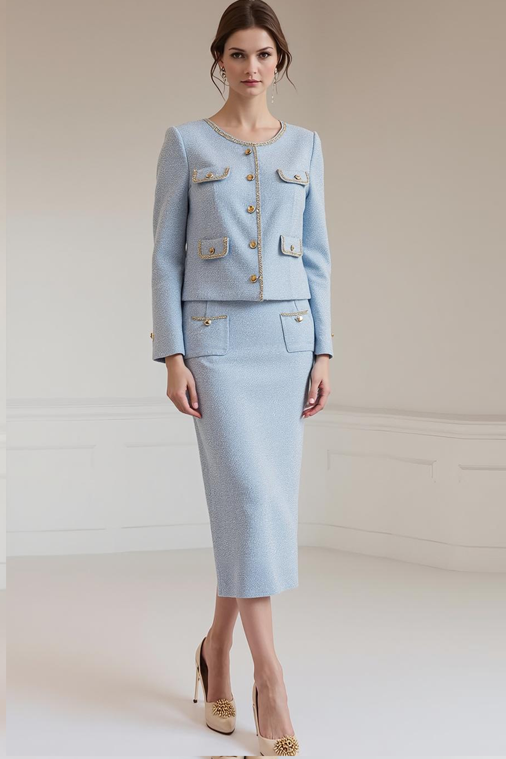 Light Blue Pencil 2 Piece Midi Work Dress with Sleeves