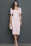 Light Pink Pencil Midi Tweed Square Neck Work Dress