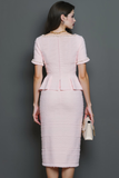 Light Pink Pencil Midi Tweed Square Neck Work Dress