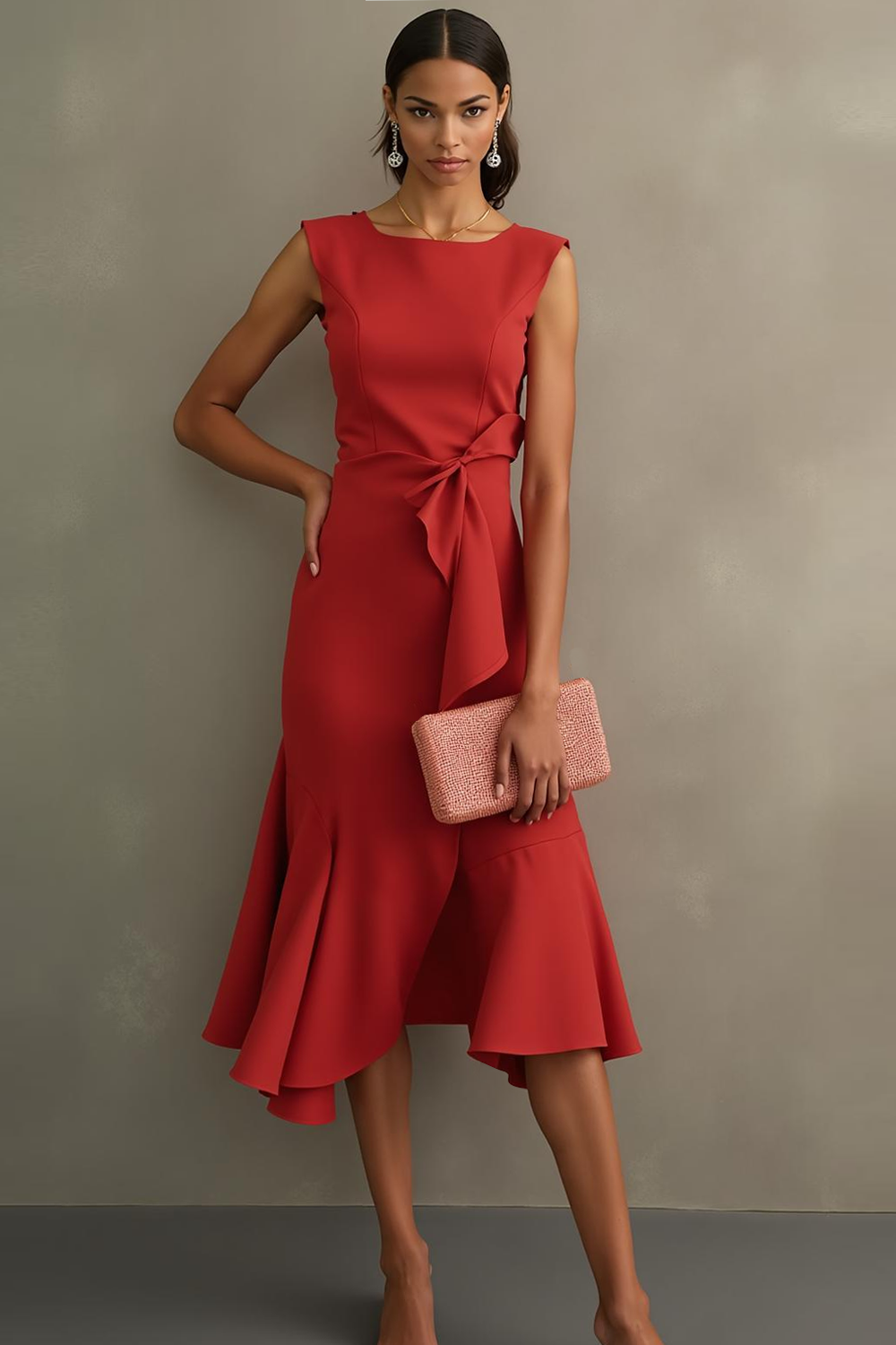 Red Sheath Midi Sleeveless Formal Dress with Ruffles