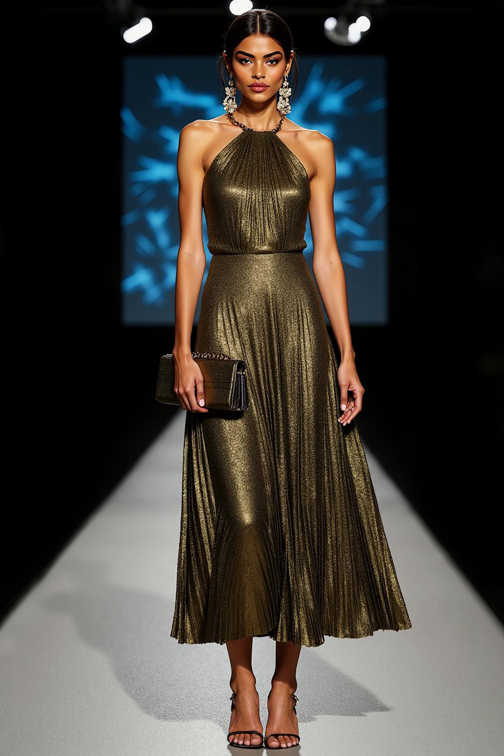 Olive Halter Metallic A Line Maxi Formal Dress