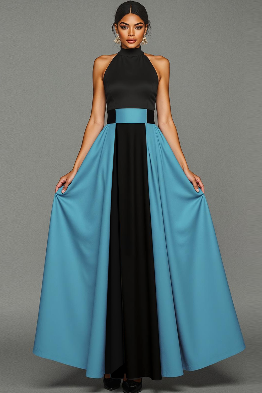 Patchwork High Neck A Line Long Black and Blue Dress