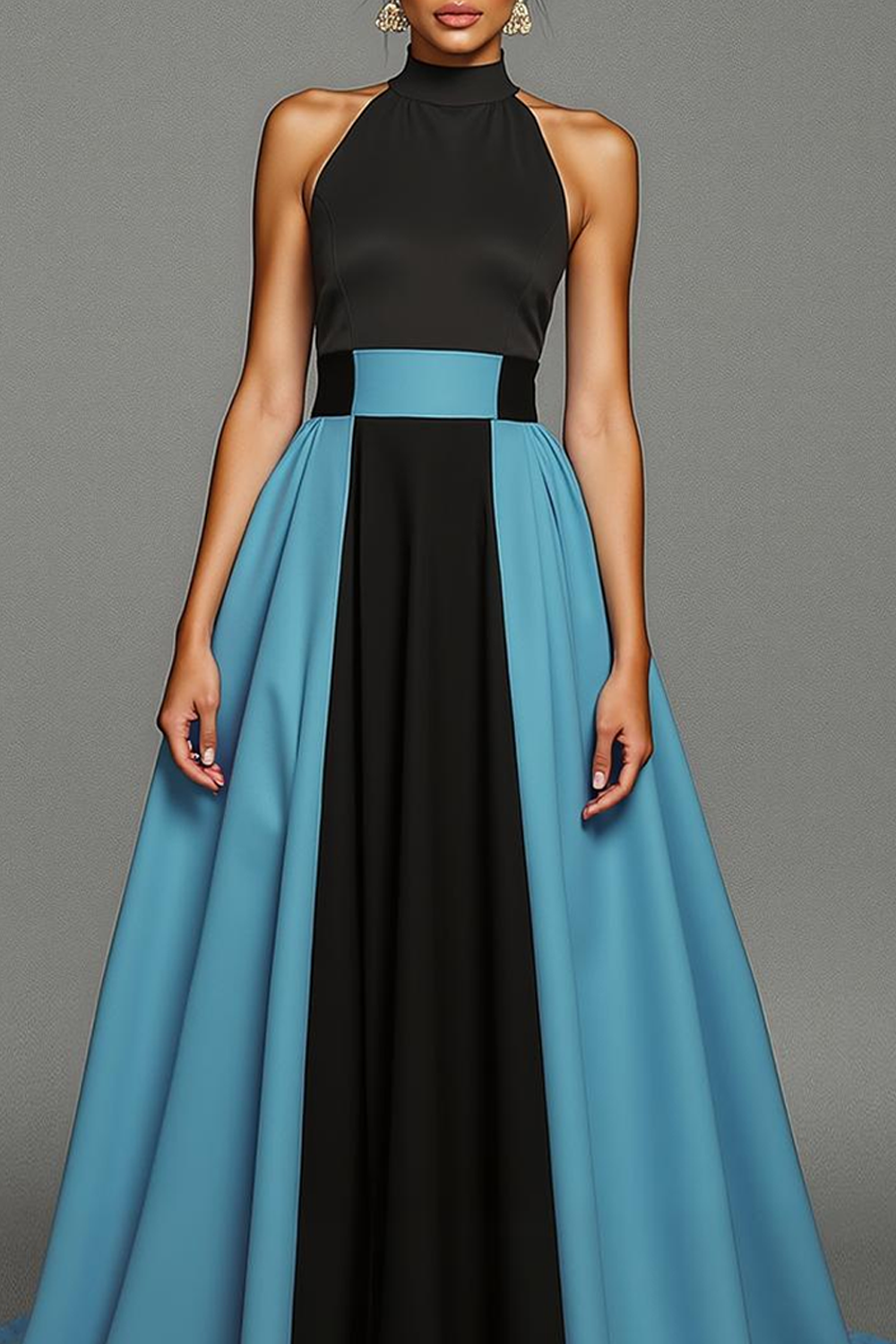 Patchwork High Neck A Line Long Black and Blue Dress