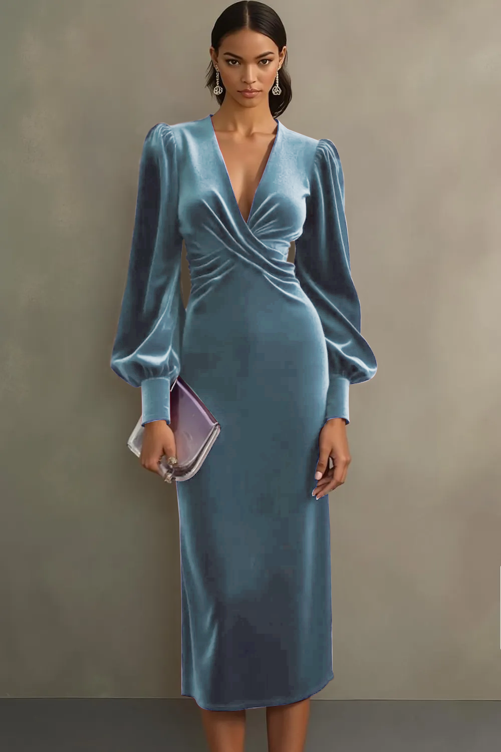 Cabernet Sheath V-Neck Midi Velvet Formal Dress