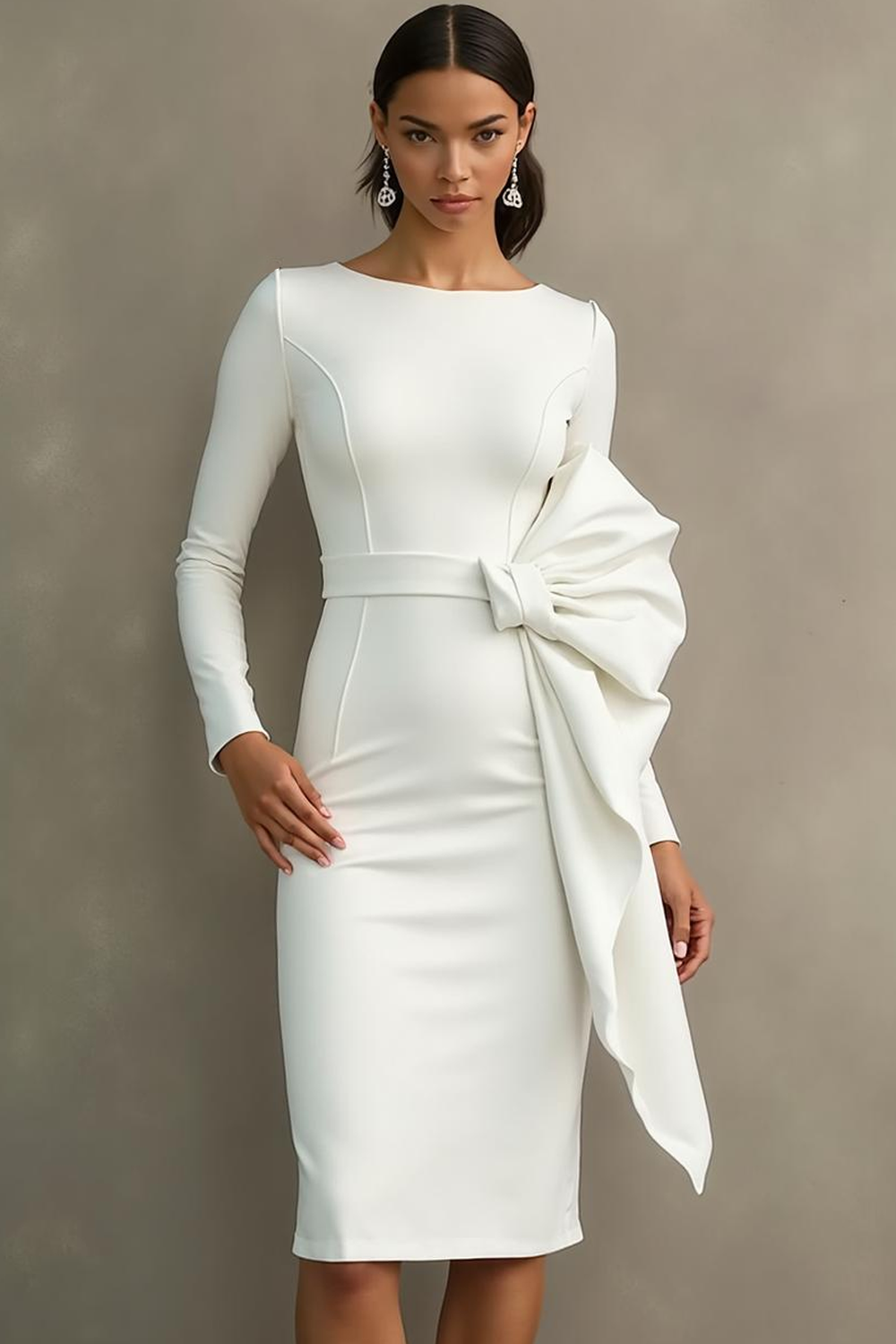 Midi Sheath Boat Neck White Formal Dress