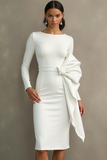 Midi Sheath Boat Neck White Formal Dress