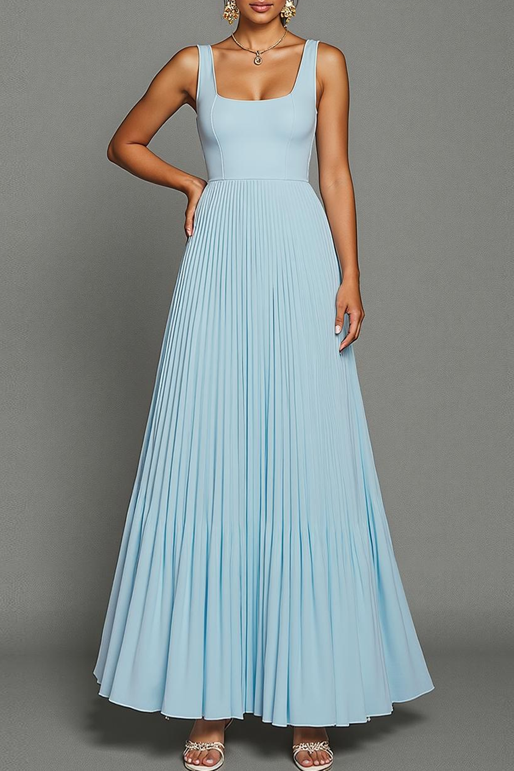 Sky Blue Pleated A Line Long Chiffon Bridesmaid Dress