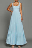 Sky Blue Pleated A Line Long Chiffon Bridesmaid Dress