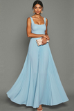 Sky Blue Pleated A Line Long Chiffon Bridesmaid Dress