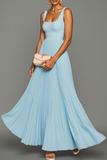 Sky Blue Pleated A Line Long Chiffon Bridesmaid Dress