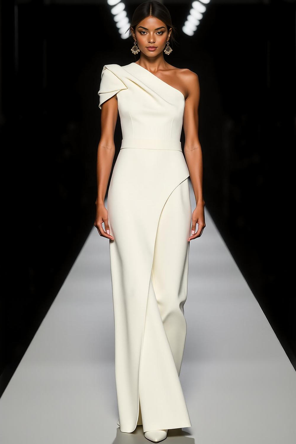 Leely Women Maxi White Formal Dress Sheath One Shoulder Evening Dress